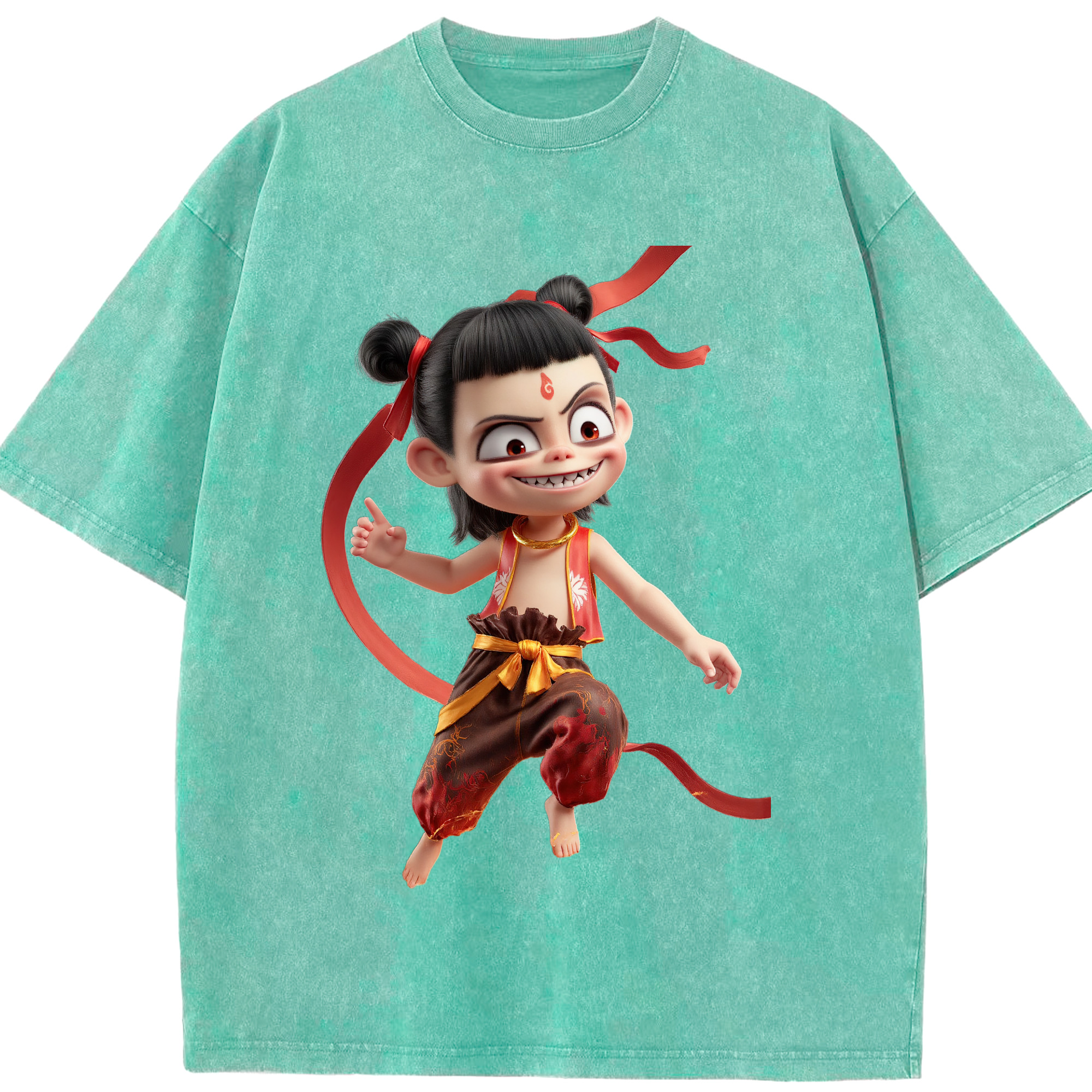（画像用） Ne Zha 2 ナタ 魔童の大暴れ 綿100% ヴィンテージ風 半袖Tシャツ（フロントプリント）